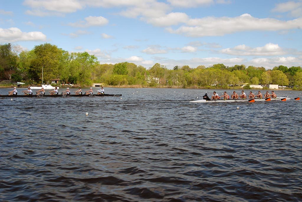 A small boat in a large body of water