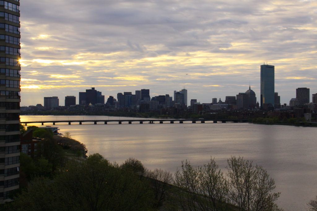 A bridge over a body of water with a city in the background