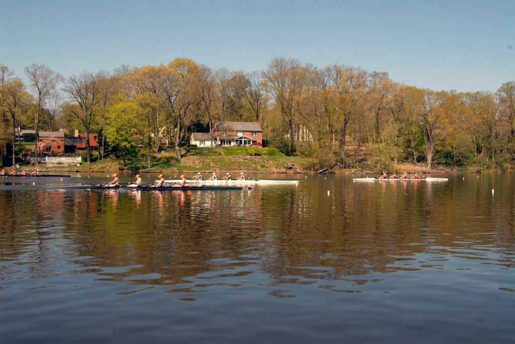 A small boat in a body of water surrounded by trees